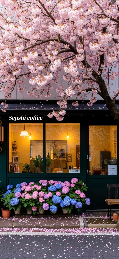 日系樱花街道咖啡店手机壁纸｜春日街景 - 樱花洒落「哲风壁纸」