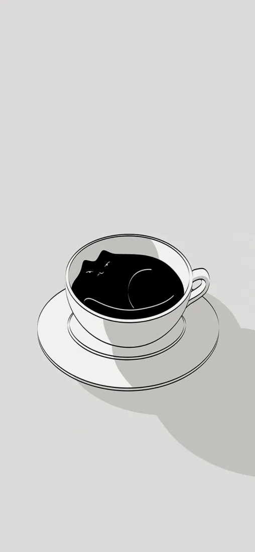黑猫茶杯简约手机壁纸｜灰背景 - 极简插画「哲风壁纸」
