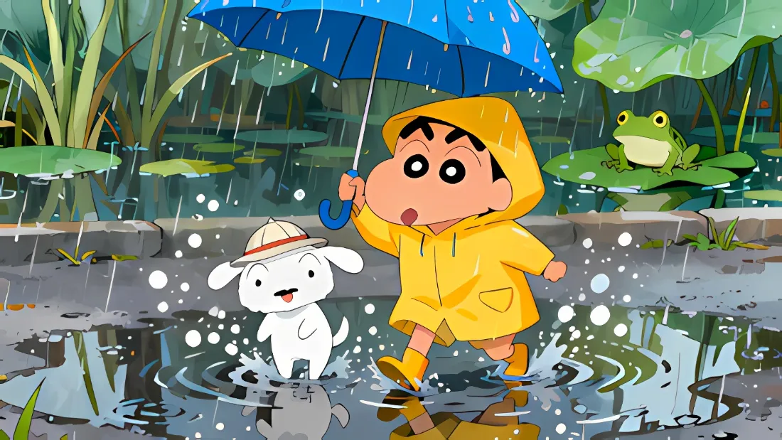 2k蜡笔小新小白下雨壁纸｜雨天背景 - 黄雨衣「哲风壁纸」