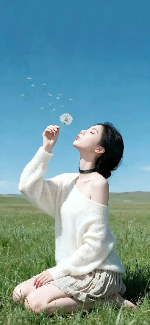 草原美女吹蒲公英手机壁纸｜蓝天草地 - 清新「哲风壁纸」