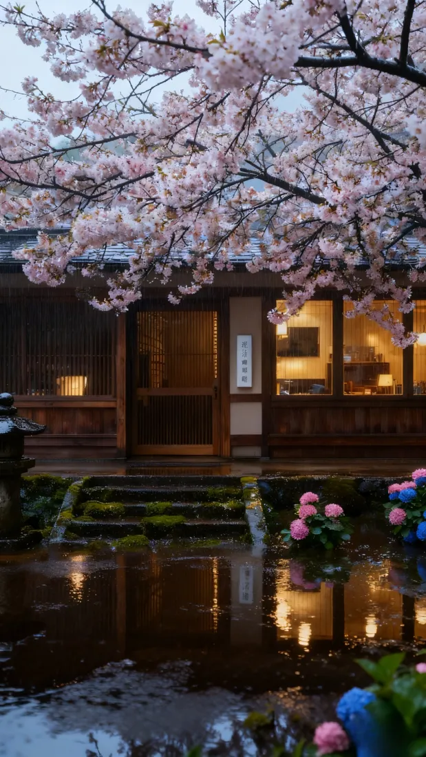 樱花日式小屋手机壁纸｜庭院水池 - 清冷「哲风壁纸」