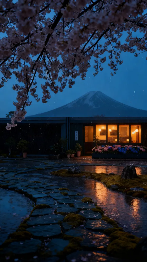 富士山樱花暖灯手机壁纸｜夜景庭院背景 - 倒影「哲风壁纸」