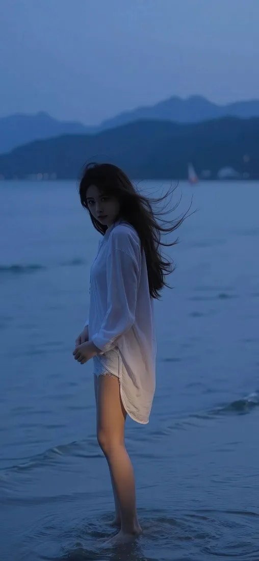 海边美女手机壁纸｜夜色海边背景 - 白衣美女「哲风壁纸」