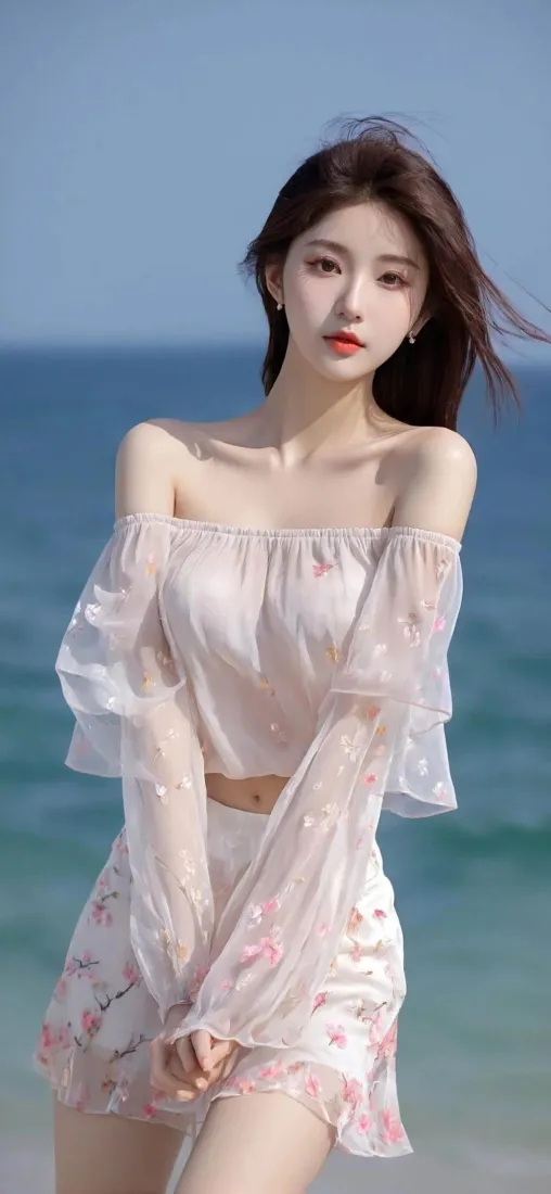 海边美女手机壁纸｜沙滩背景图片 - 粉色露肩装「哲风壁纸」