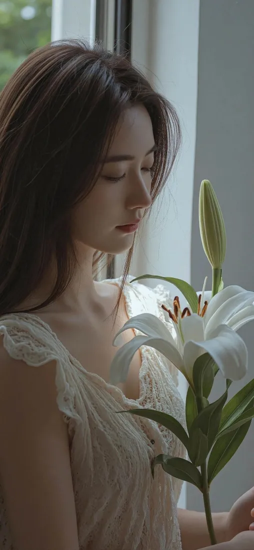 白衣美女百合手机壁纸｜窗边背景 - 温柔清新「哲风壁纸」