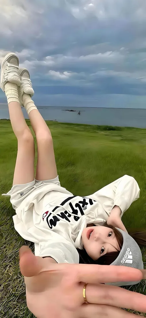 户外自拍女孩手机壁纸｜草地湖泊背景 - 休闲风「哲风壁纸」