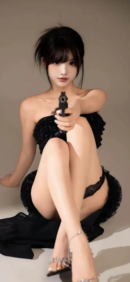 黑衣持枪美女手机壁纸｜性感背景 - 手机高清「哲风壁纸」
