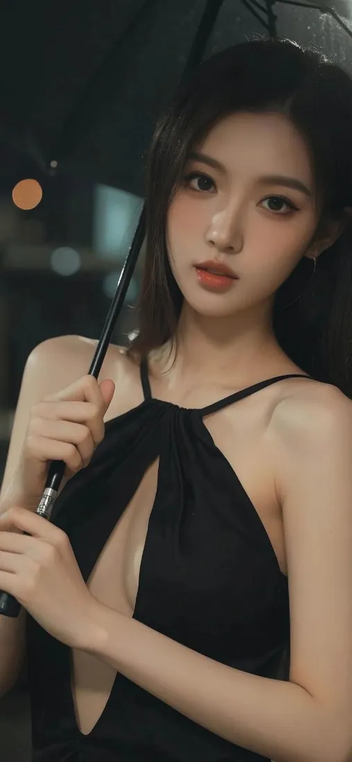 黑衣美女雨夜撑伞手机壁纸｜夜景 - 手机高清「哲风壁纸」