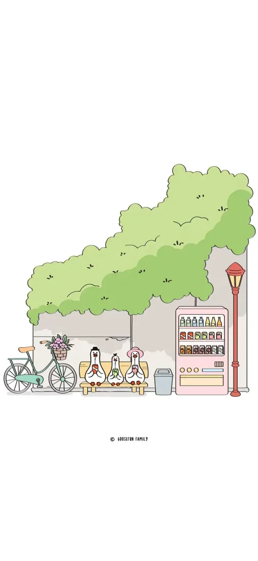 卡通街道小店手机壁纸｜简约插画 - 绿树自行车「哲风壁纸」