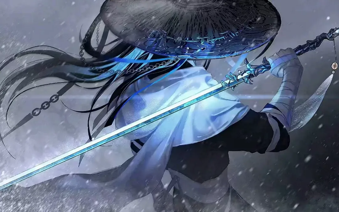 2k斗笠剑客壁纸｜蓝色长剑背景 - 雪花「哲风壁纸」