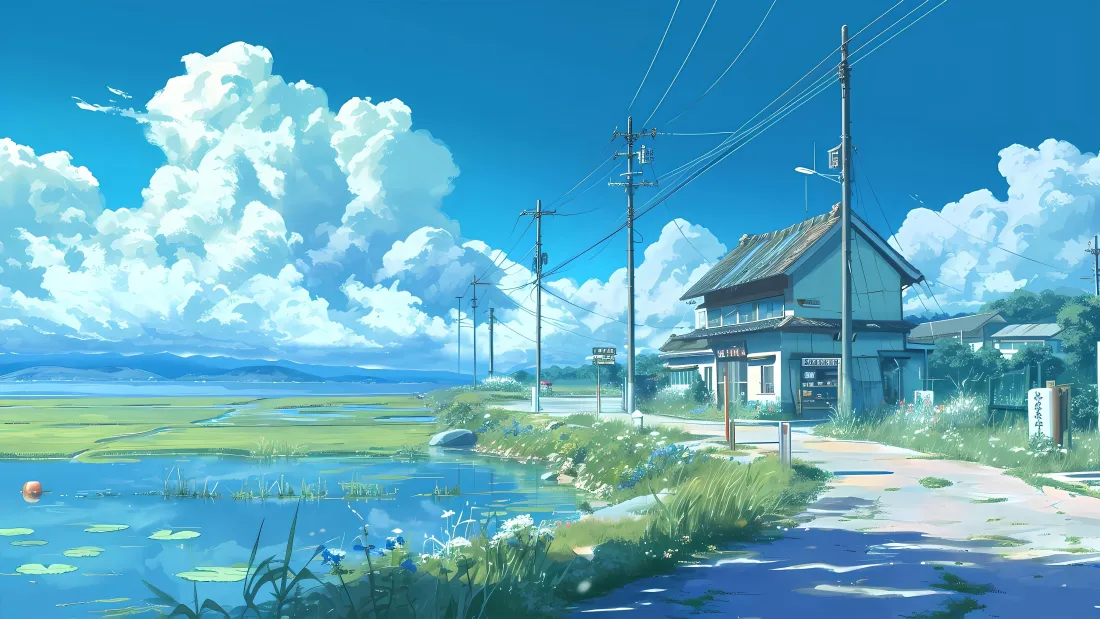 4k夏日乡野乡村小屋壁纸｜蓝天池塘 - 电线杆小路「哲风壁纸」