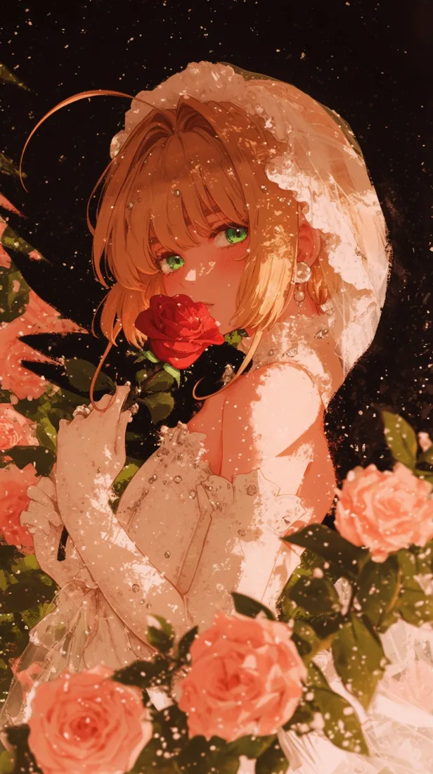 动漫女孩玫瑰手机壁纸｜粉色花背景 - 白色婚纱「哲风壁纸」