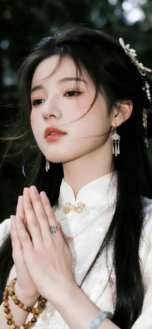 古风美女手机壁纸｜深色背景图片 - 白衣念珠「哲风壁纸」