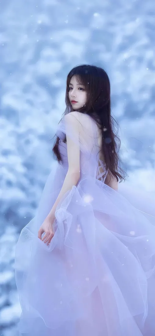 紫裙美女手机壁纸｜雪景背景图片 - 梦幻「哲风壁纸」