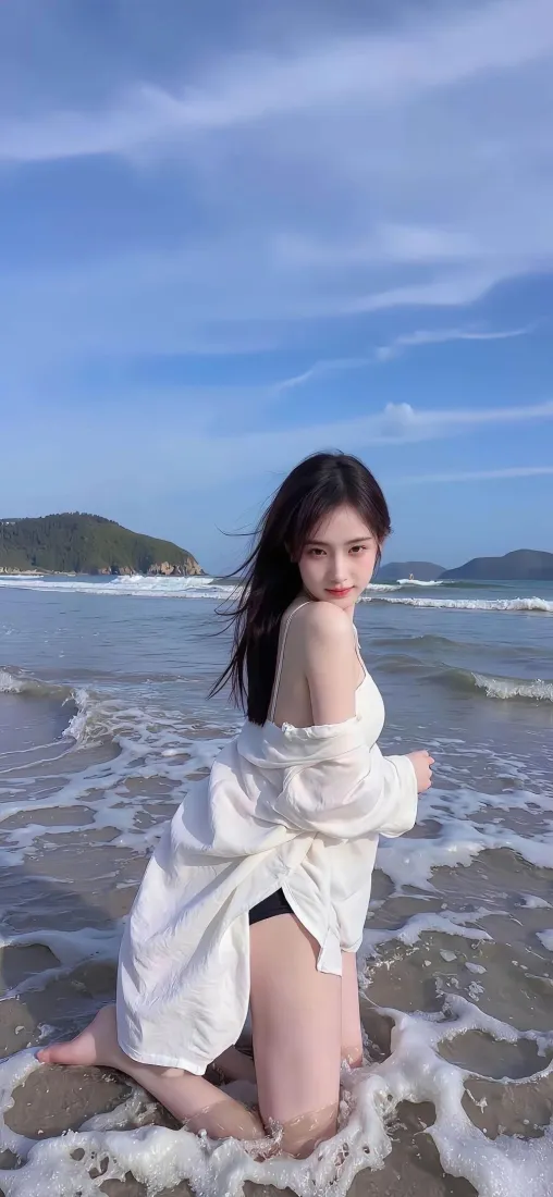 白衣美女海边手机壁纸｜海水蓝天 - 沙滩「哲风壁纸」
