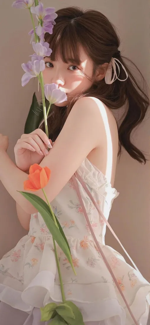 美女碎花裙手机壁纸｜花束背景图 - 双马尾「哲风壁纸」