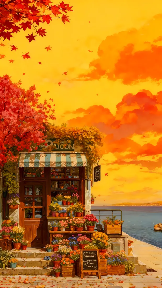 插画风海边花店手机壁纸｜枫叶日落背景 - 暖色调「哲风壁纸」