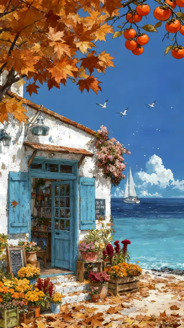 插画风海边房屋手机壁纸｜枫叶鲜花背景 - 帆船海洋「哲风壁纸」