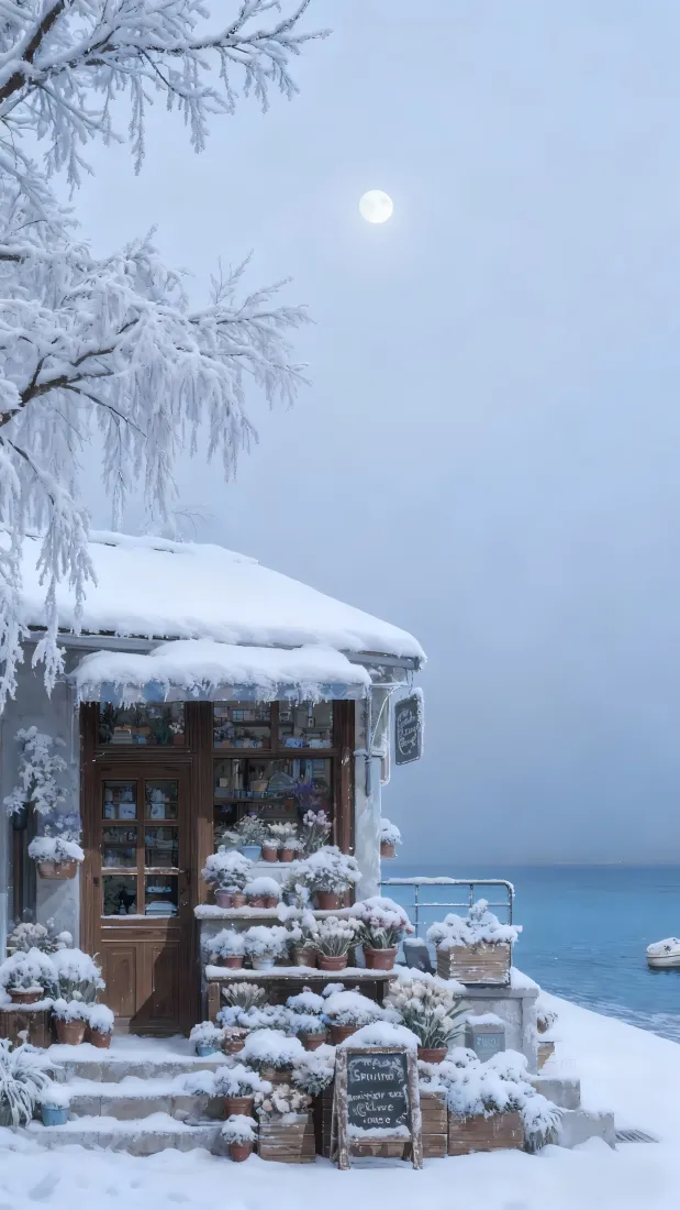 雪覆海边屋手机壁纸｜冬日海景背景 - 插画风「哲风壁纸」