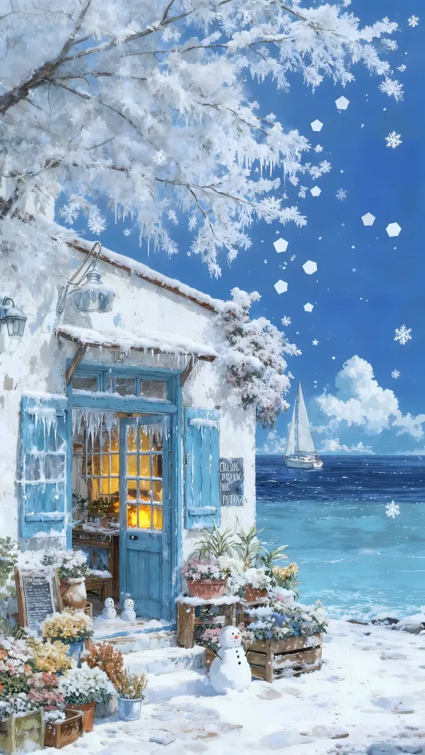 雪海边房屋插画手机壁纸｜背景 - 雪人帆船花「哲风壁纸」