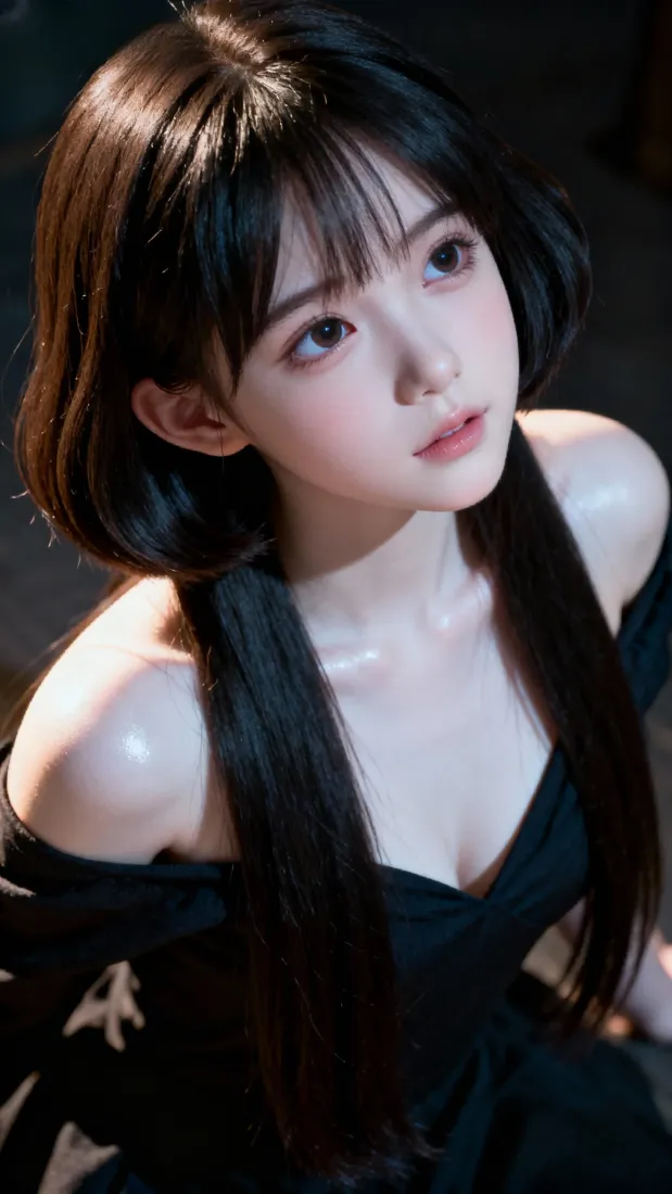 黑衣萌妹手机壁纸｜可爱萌妹背景 - 露肩美女「哲风壁纸」
