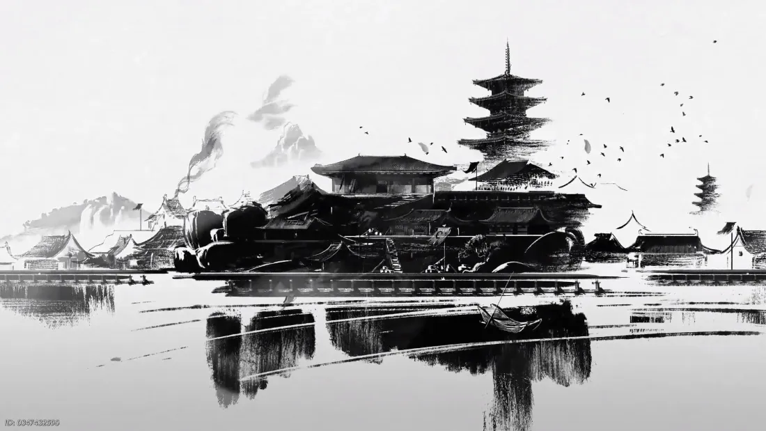 2k水墨燕云古风建筑壁纸｜黑白风景 - 古塔倒影「哲风壁纸」