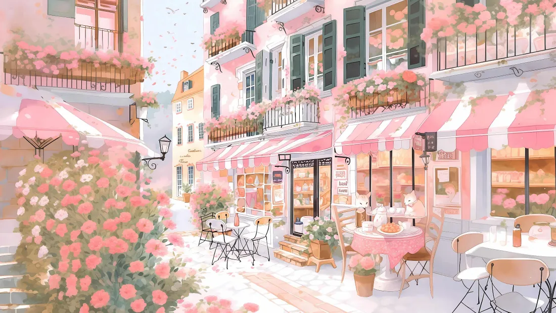 4k粉色小镇街景手绘插画壁纸｜浪漫花店咖啡馆 - 手绘风「哲风壁纸」