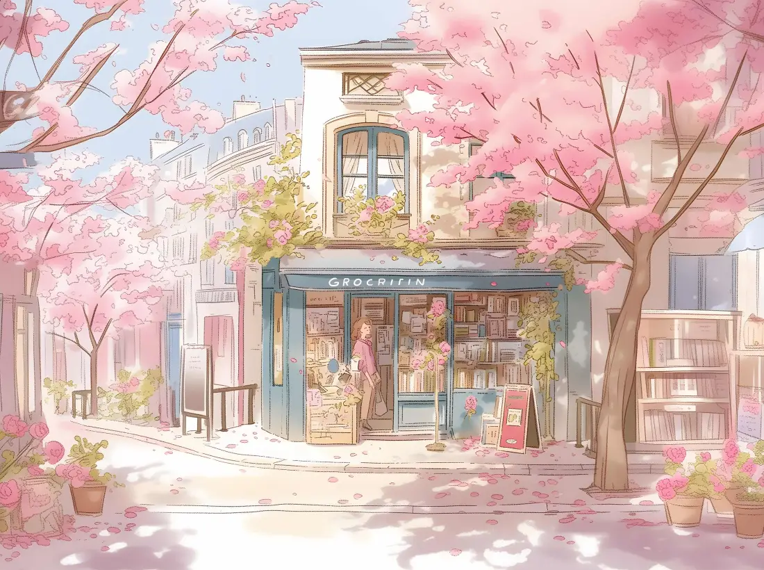 4k手绘风樱花街道壁纸｜粉色小店背景 - 春日女孩「哲风壁纸」