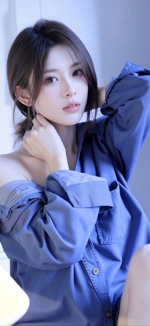 蓝色衬衫美女手机壁纸｜室内背景 - 气质短发「哲风壁纸」