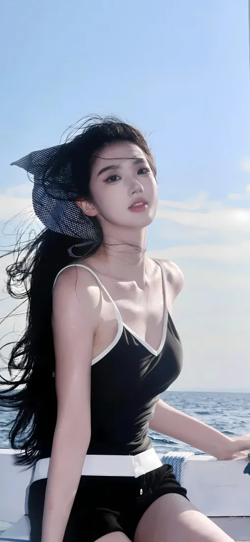 黑衣美女海边手机壁纸｜蓝天大海背景 - 夏日「哲风壁纸」