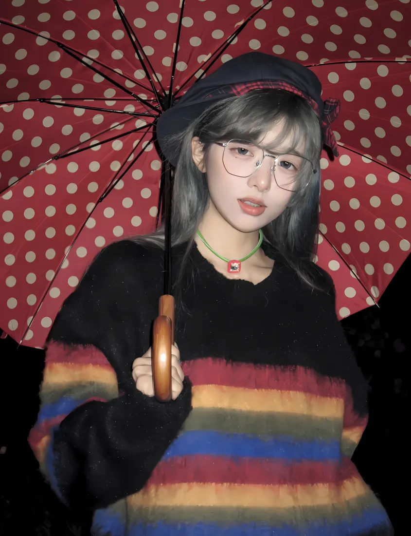 红伞美女手机壁纸｜彩虹毛衣 - 黑帽眼镜「哲风壁纸」