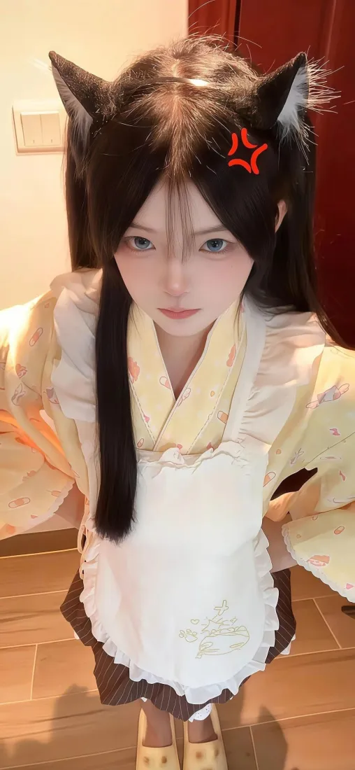 猫耳美女手机壁纸｜日式室内背景 - 女仆装黑发红饰「哲风壁纸」