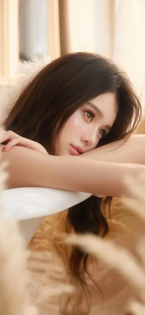 长发美女手机壁纸｜暖芦苇背景 - 迷人「哲风壁纸」