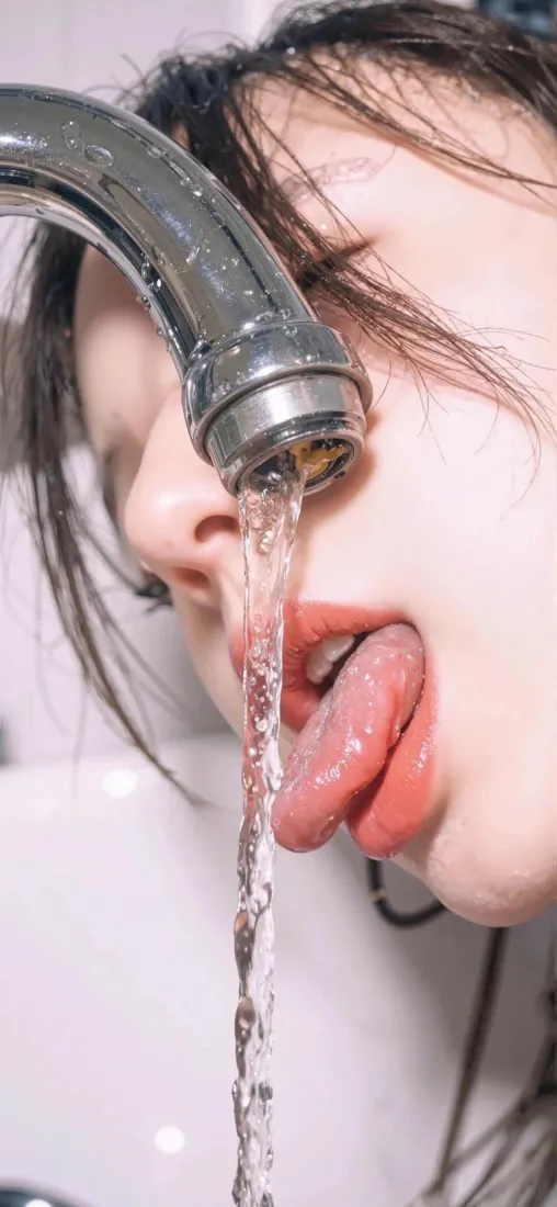 美女接水手机壁纸｜卫生间背景 - 水龙头舌头「哲风壁纸」