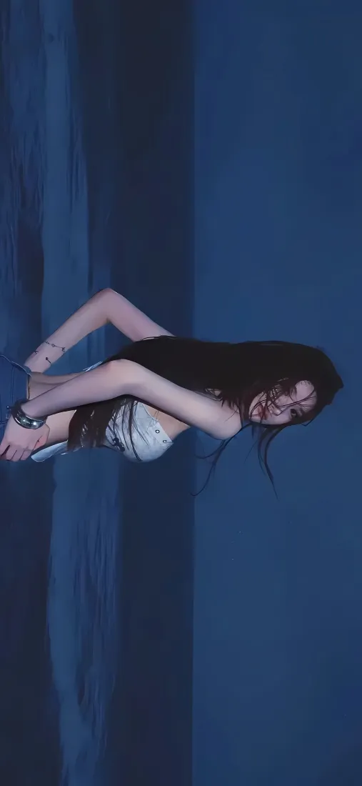 海边美女夜晚手机壁纸｜蓝色背景 - 迷人「哲风壁纸」