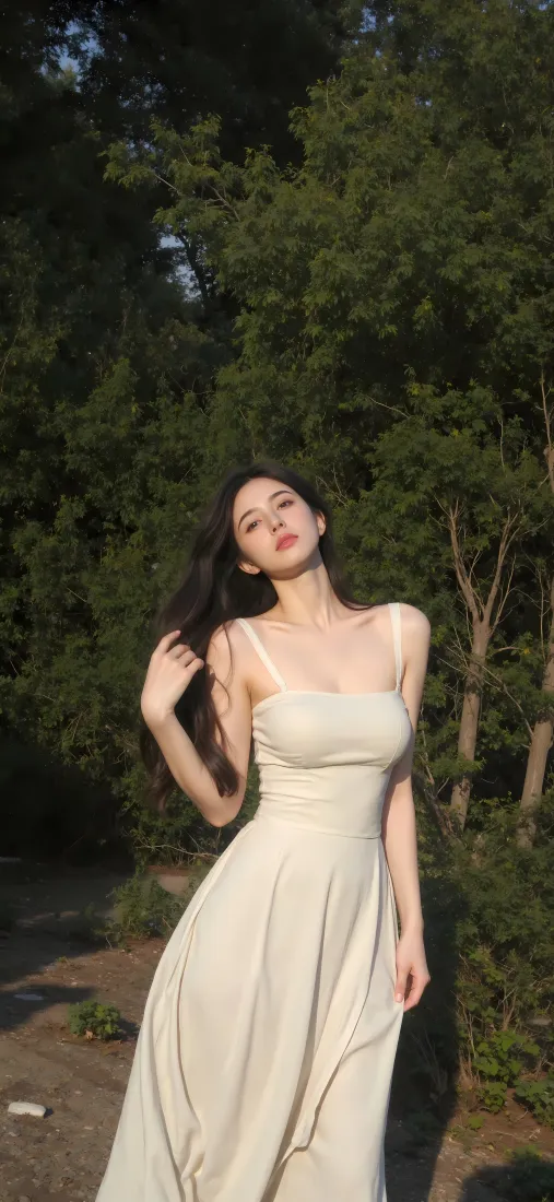 美女手机壁纸｜树林背景 - 米色吊带裙「哲风壁纸」