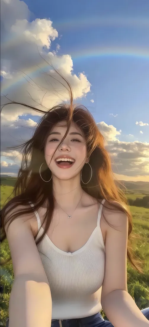 美女自拍手机壁纸｜草原彩虹背景 - 白色吊带「哲风壁纸」