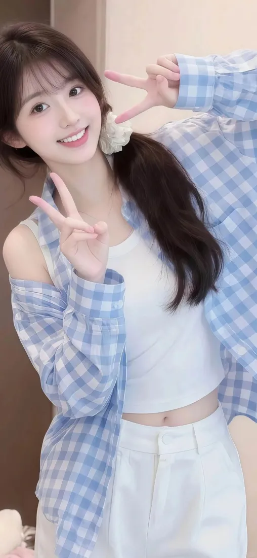 美女手机壁纸｜室内背景 - 蓝白格子衬衫「哲风壁纸」