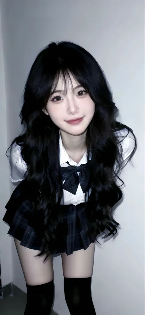 JK制服美女手机壁纸｜简约背景 - 黑长直过膝袜「哲风壁纸」