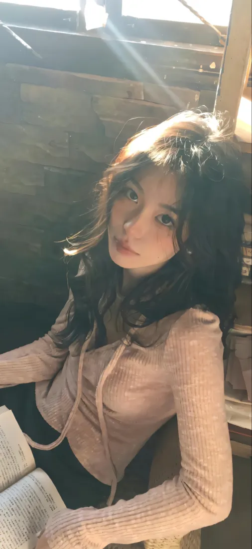 美女手机壁纸｜室内背景 - 浅粉上衣长发「哲风壁纸」