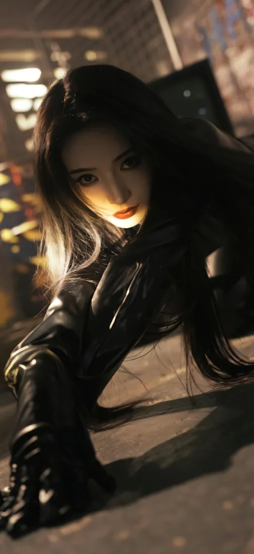 黑衣美女手机壁纸｜都市夜景 - 酷飒氛围美女「哲风壁纸」