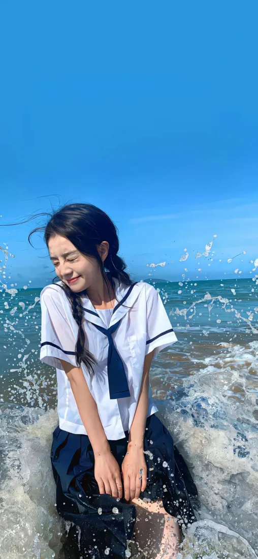 水手服美女手机壁纸｜海边背景 - 海浪蓝天「哲风壁纸」
