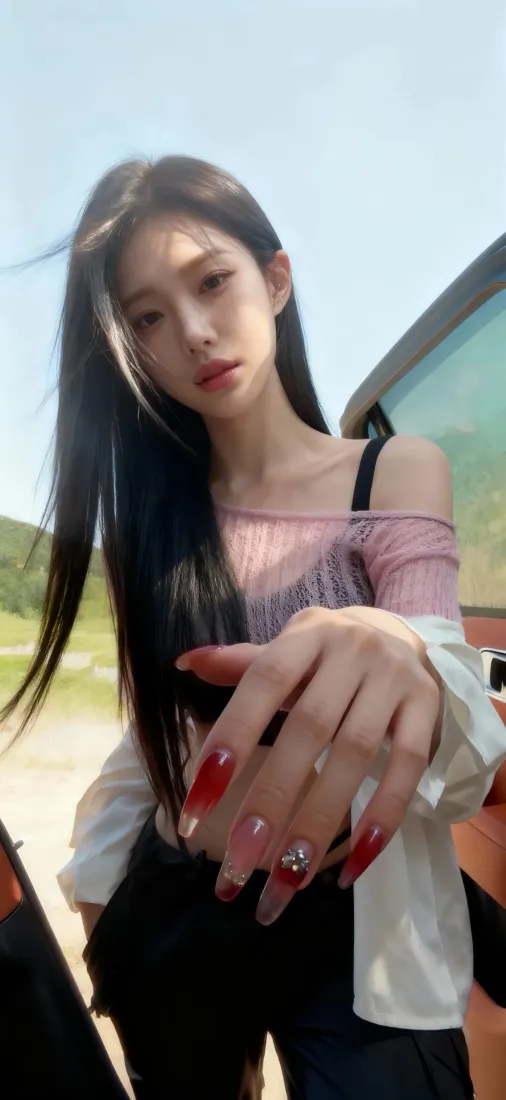 长发美女手机壁纸｜户外背景 - 红色美甲图片「哲风壁纸」