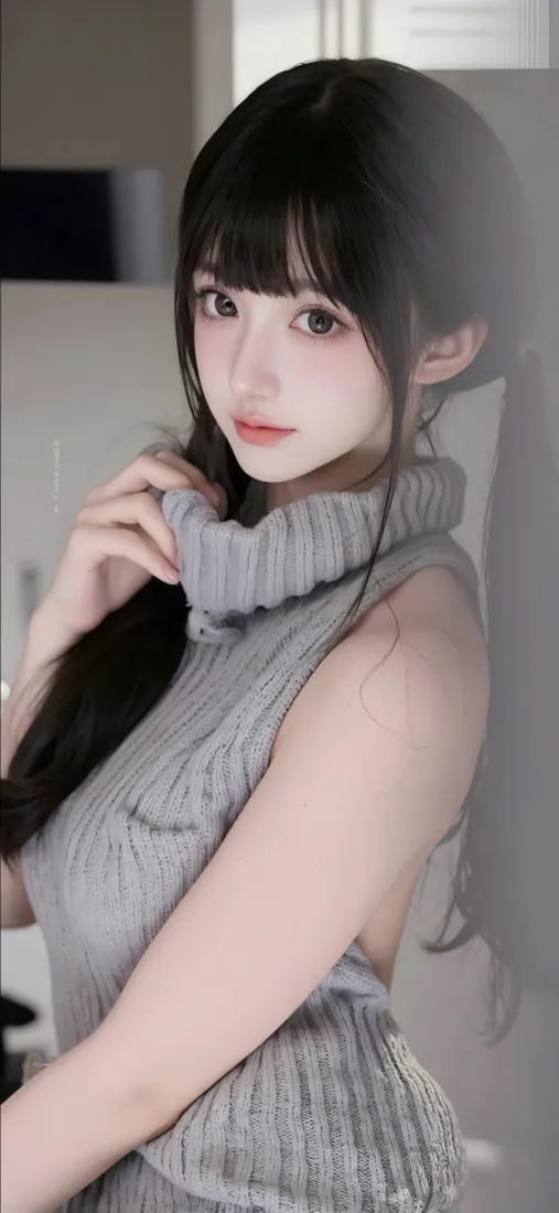 灰色毛衣美女手机壁纸｜室内背景 - 清新氛围「哲风壁纸」