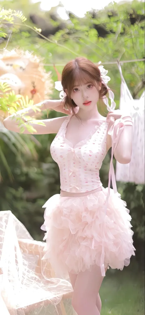 粉色蓬裙美女手机壁纸｜绿植背景 - 清新甜美「哲风壁纸」