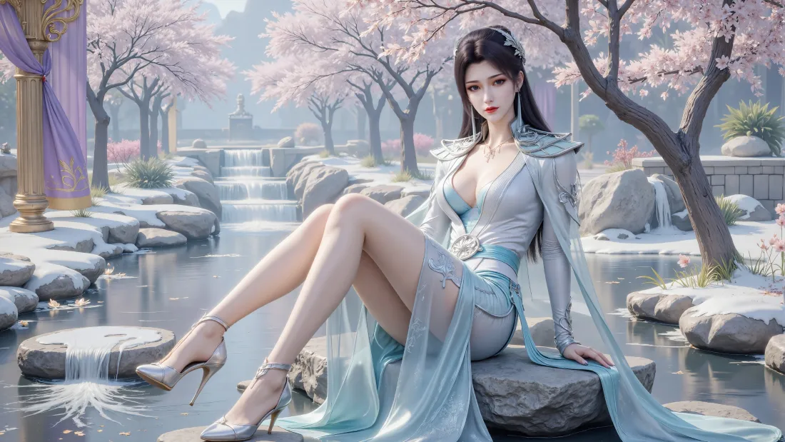 3k云韵壁纸｜斗破苍穹背景 - 浅蓝裙樱花溪流「哲风壁纸」