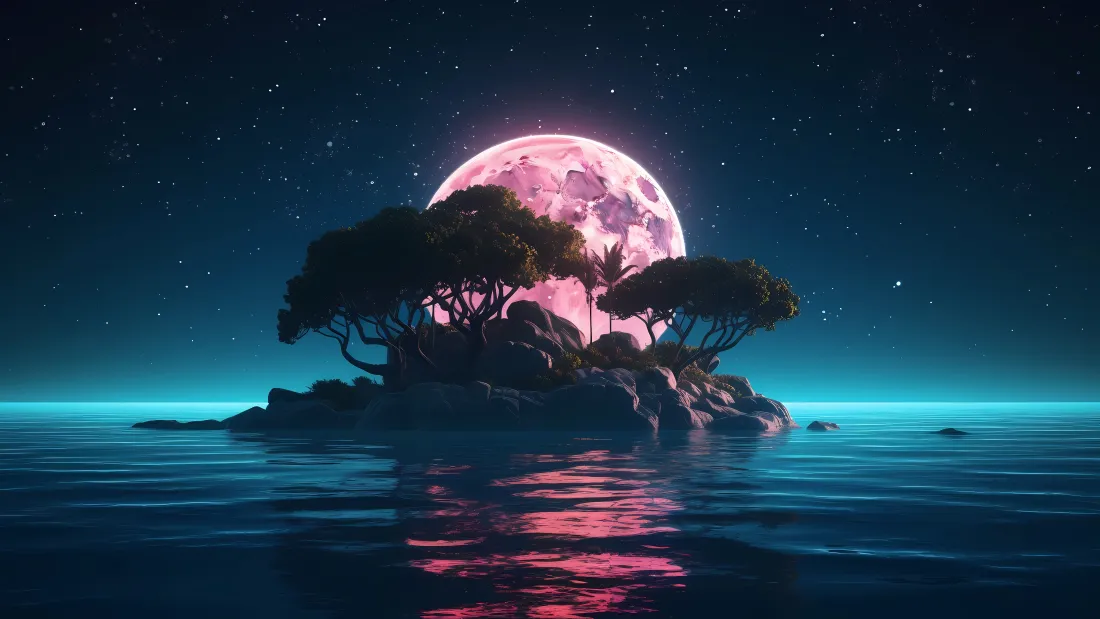 4k粉色月亮海岛壁纸｜海洋夜景 - 星空「哲风壁纸」