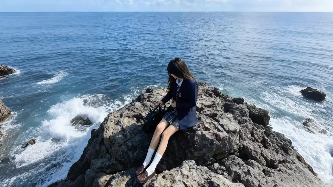 2kJK少女壁纸｜海边礁石背景 - 海浪蓝天「哲风壁纸」