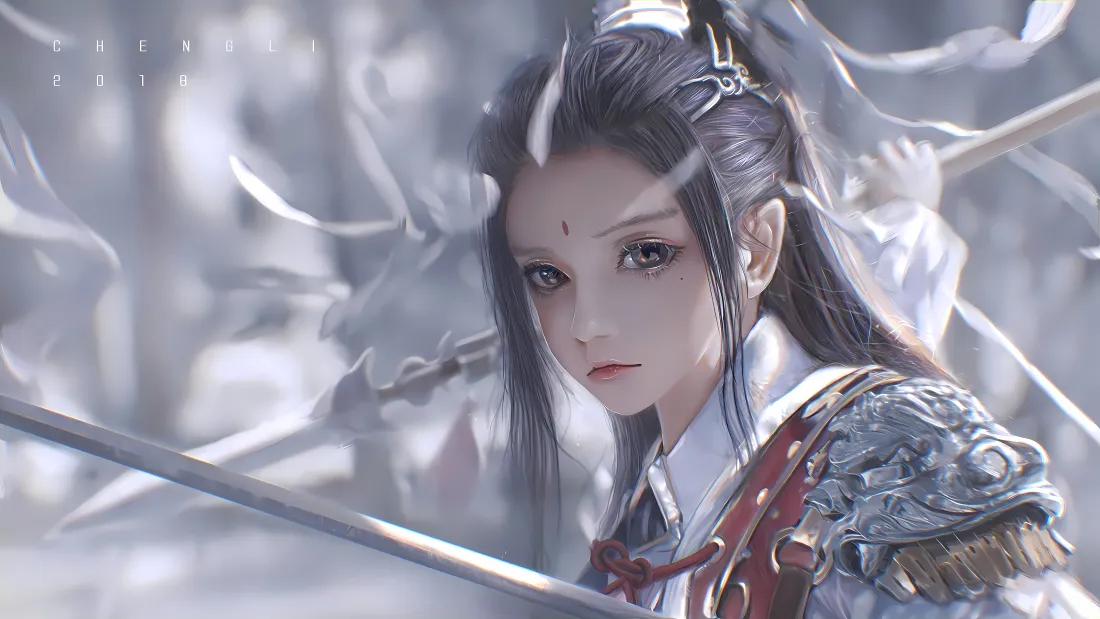 8k动漫女将军壁纸｜古风铠甲背景 - 花钿长剑「哲风壁纸」