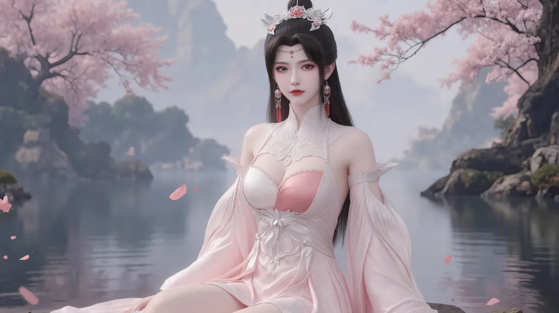 3k柳眉壁纸｜仙逆樱花山水背景 - 粉色古装美女「哲风壁纸」
